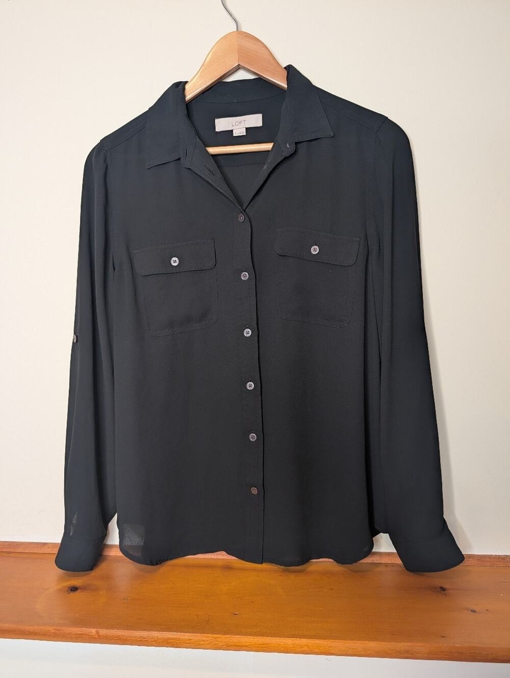 Ann Taylor LOFT Semi Sheer Black Chiffon Button Down Blouse Dual Pockets Size M